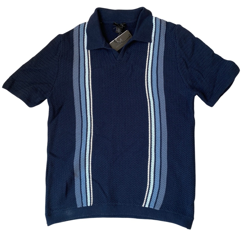 Magaschoni Mens Striped Crochet Polo Shirt Size L Navy Blue Coastal Academia NWT